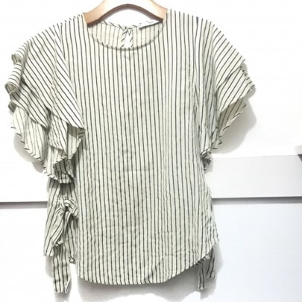 Mango Ruffle Top Off-White Blue Stripes